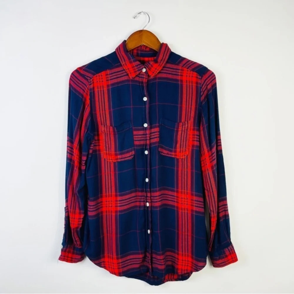 Mossimo Boyfriend Fit Flannel Plaid Button Down High Low Reddish Orange Navy S‎